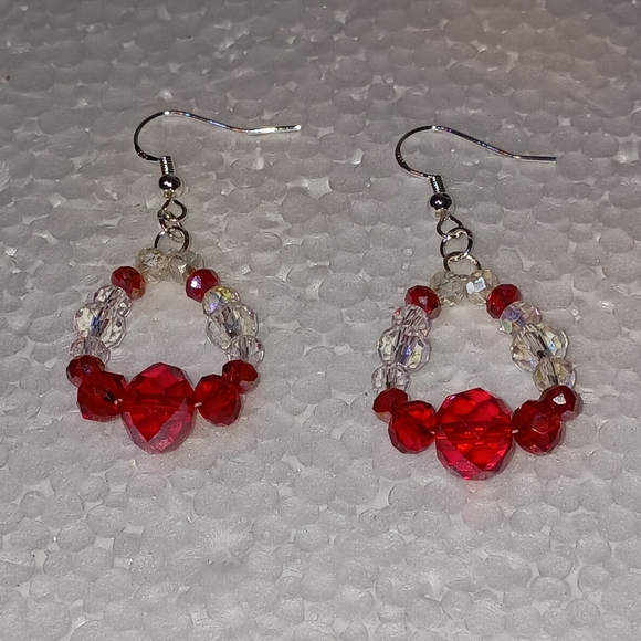 New, Hand-made Crystal Earrings Red & clear crystals, SS ear wires - Picture 2 of 2